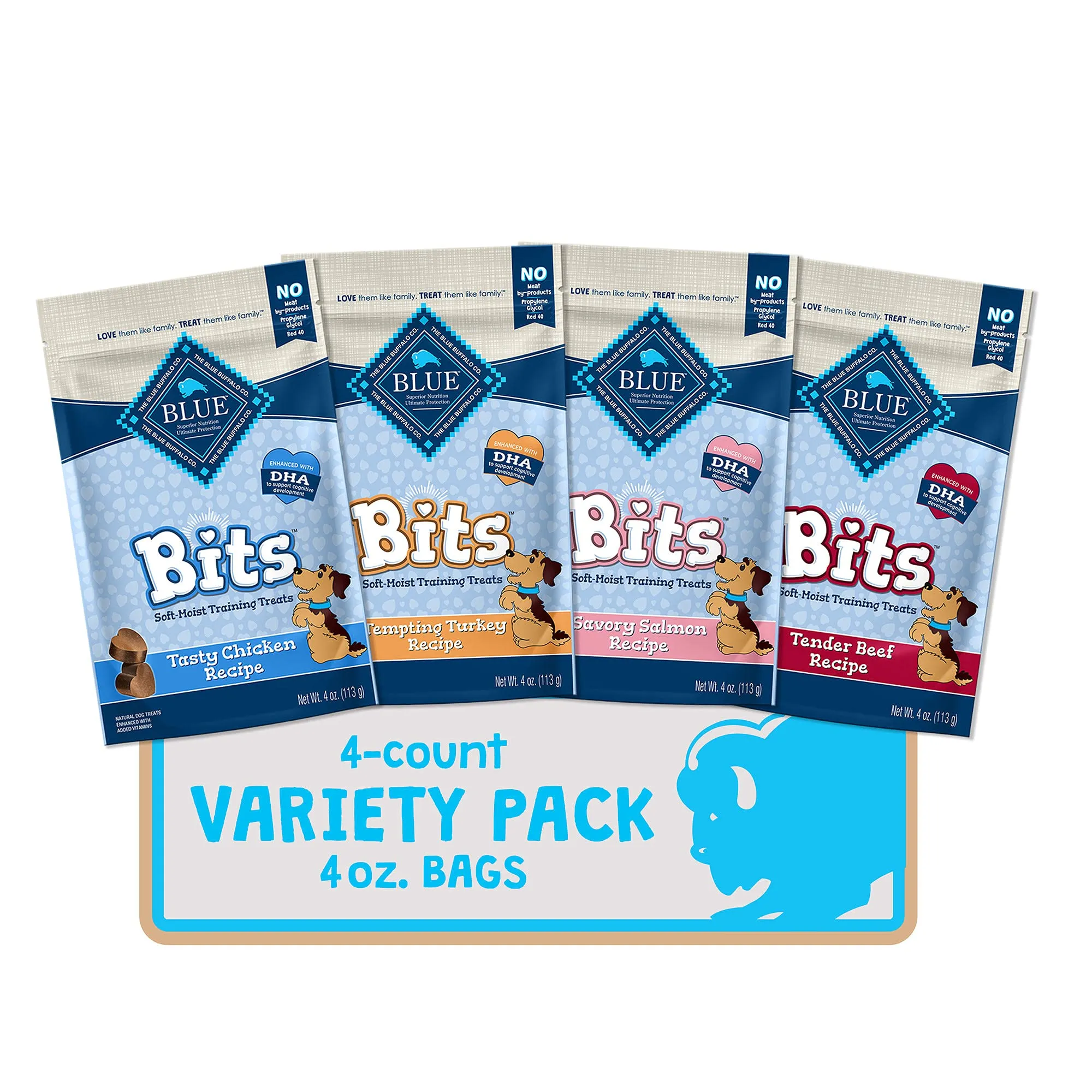 Blue Buffalo BLUE Bits Natural Soft-Moist Training Dog Treats, Beef, Salmon, Turkey, and Chicken Recipes 4-oz Variety Pack, 4Ct