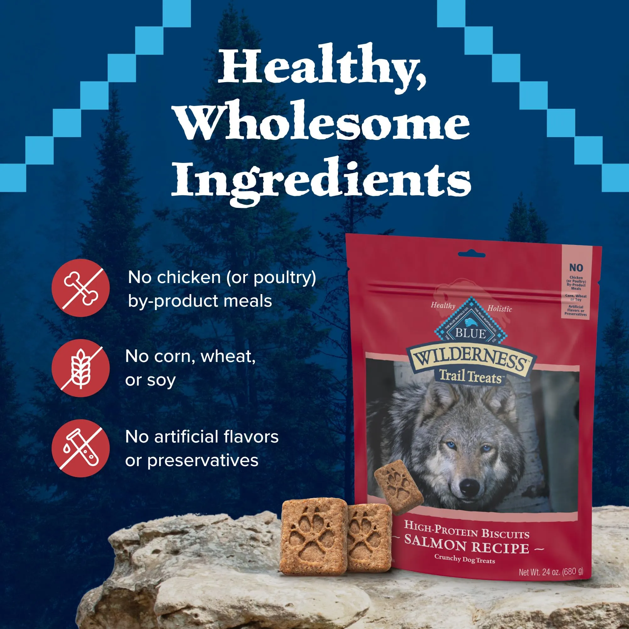 Blue Buffalo Wilderness Trail Treats Crunchy Dog Biscuits, Grain-Free and High-Protein Dog Treats Made with Natural Ingredients, Salmon Recipe 24-oz. Bag