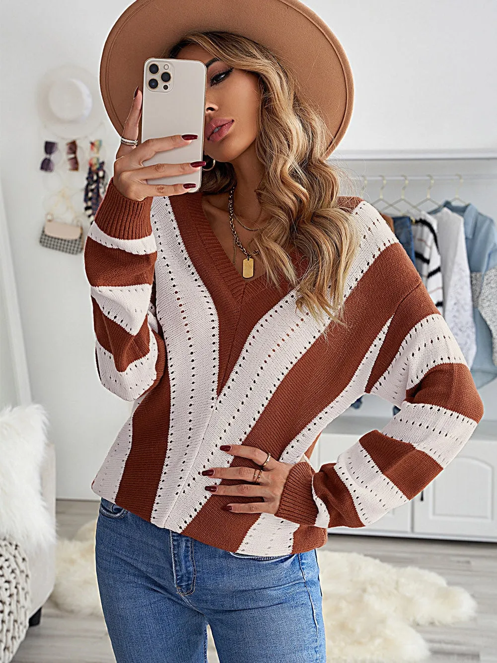 Brown and Beige Striped V Neck Colorblock Knit Pullover