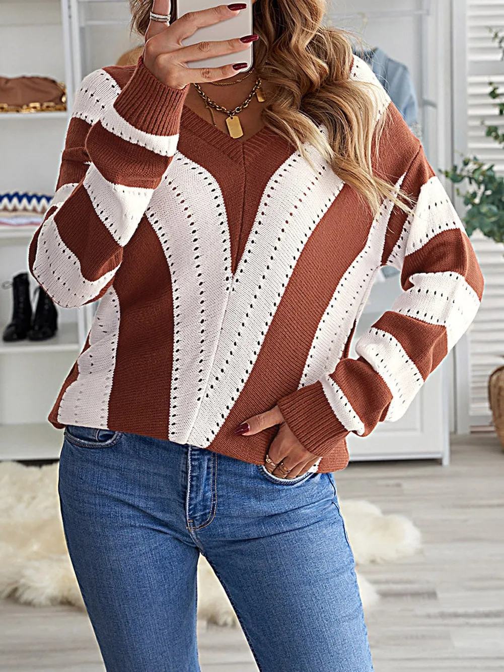 Brown and Beige Striped V Neck Colorblock Knit Pullover