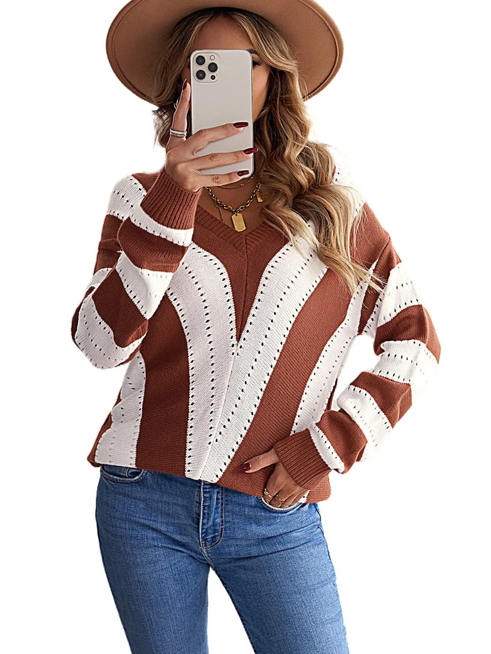 Brown and Beige Striped V Neck Colorblock Knit Pullover