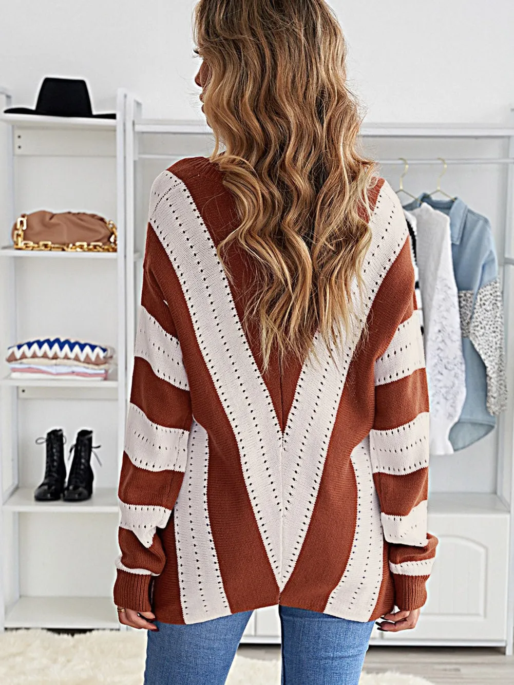 Brown and Beige Striped V Neck Colorblock Knit Pullover