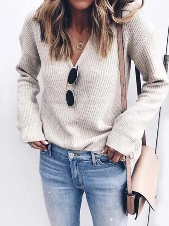 Chicmy-European and American casual women's clothing Women's Sweaters Fashion Simple V-Neck Knitted Sweater