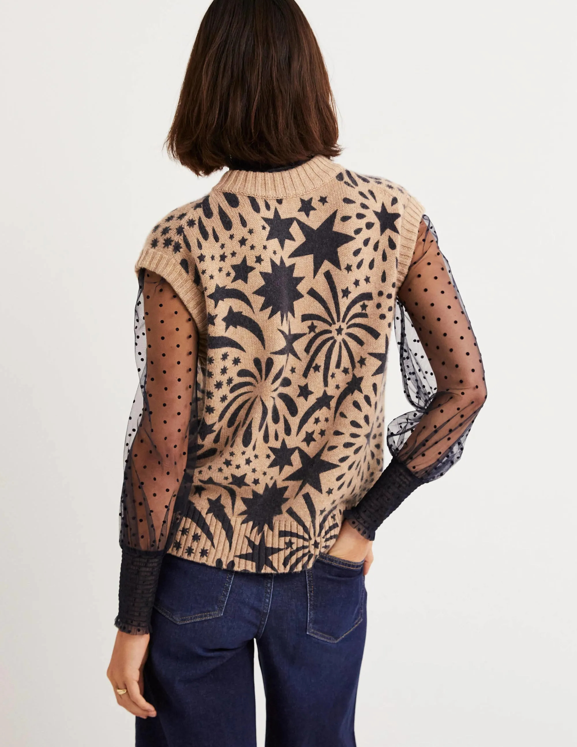 Chunky Cashmere Crew Neck Tank-Camel, Black Firework Bloom