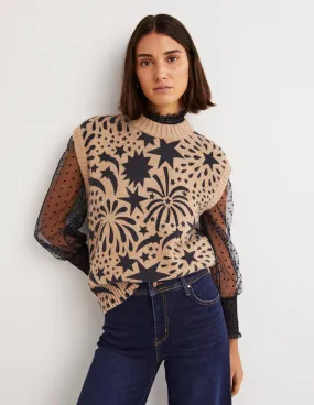 Chunky Cashmere Crew Neck Tank-Camel, Black Firework Bloom