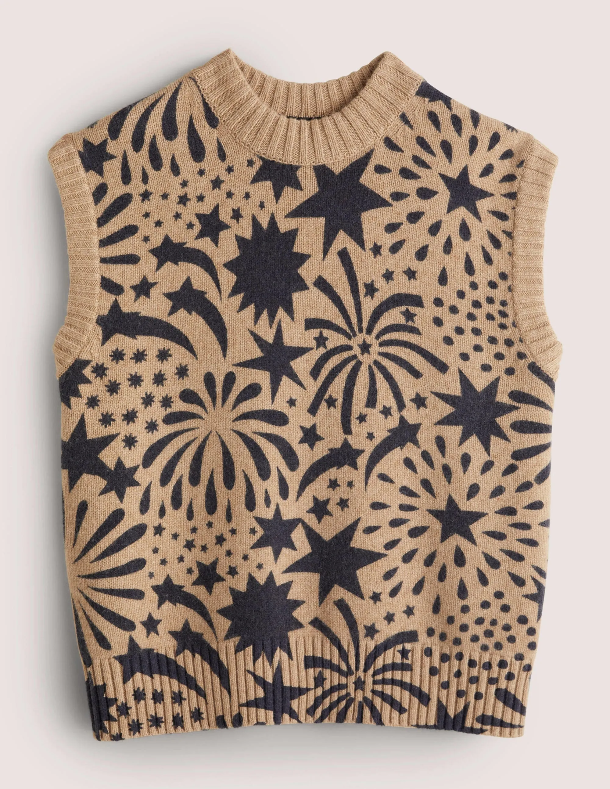 Chunky Cashmere Crew Neck Tank-Camel, Black Firework Bloom