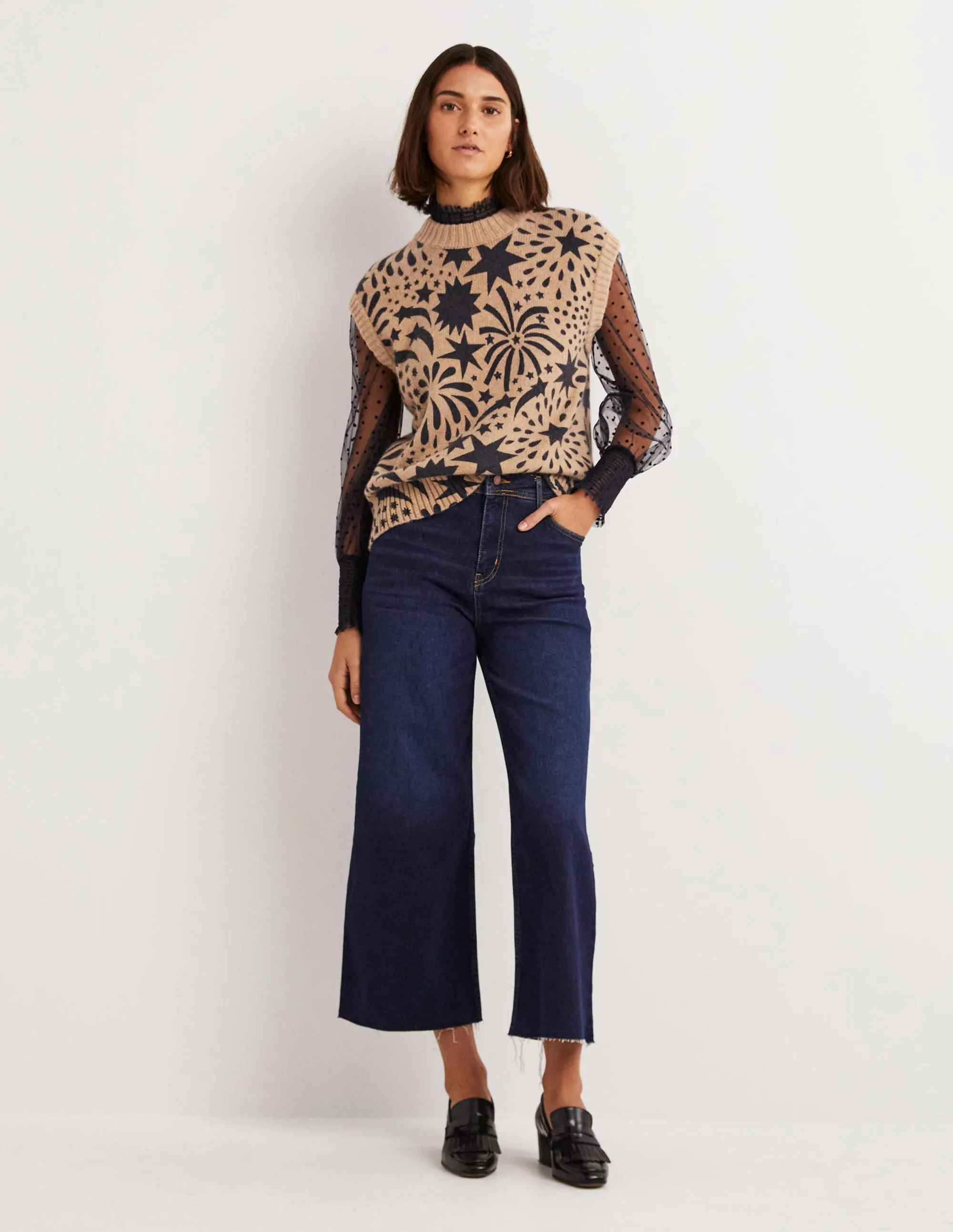 Chunky Cashmere Crew Neck Tank-Camel, Black Firework Bloom