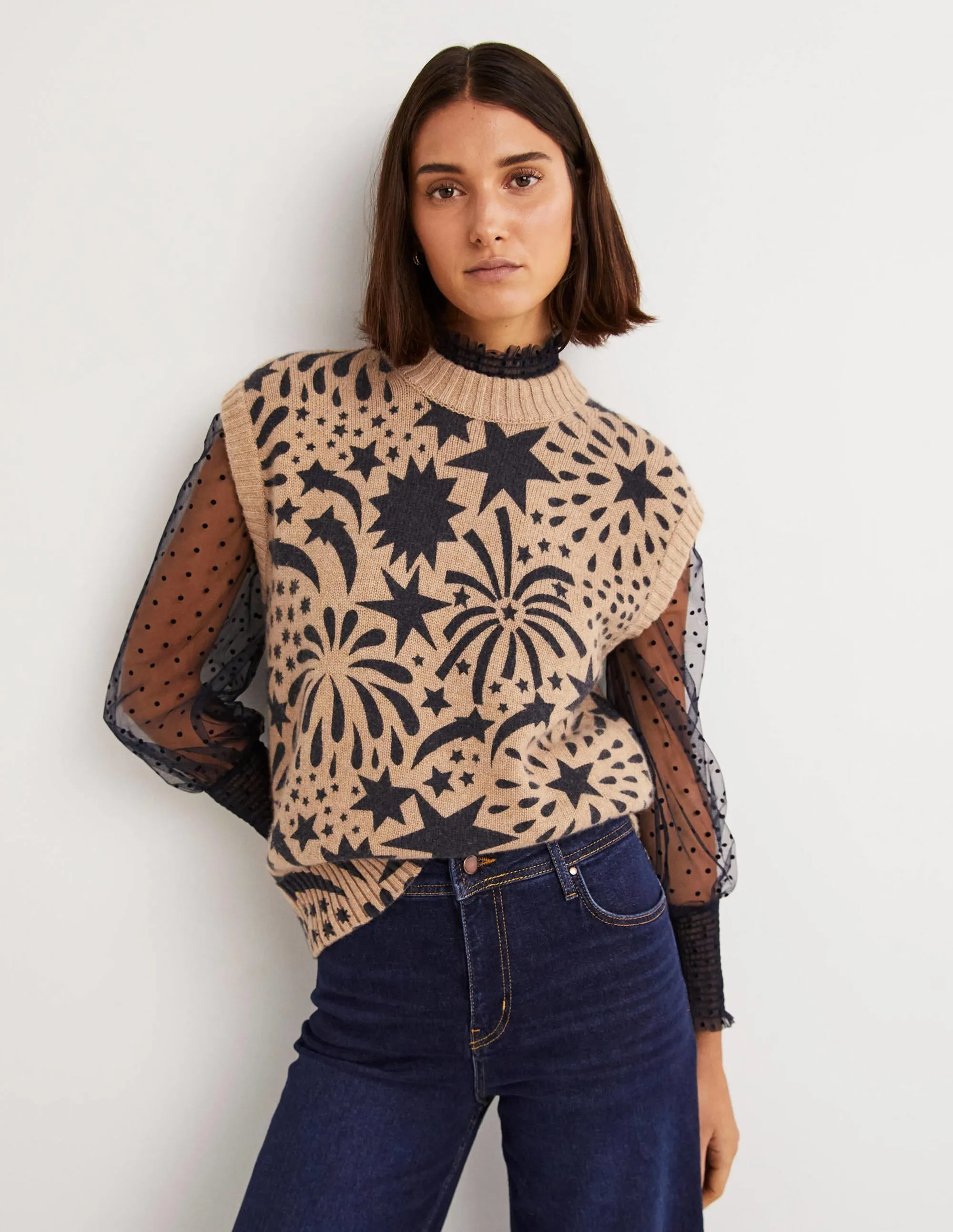 Chunky Cashmere Crew Neck Tank-Camel, Black Firework Bloom