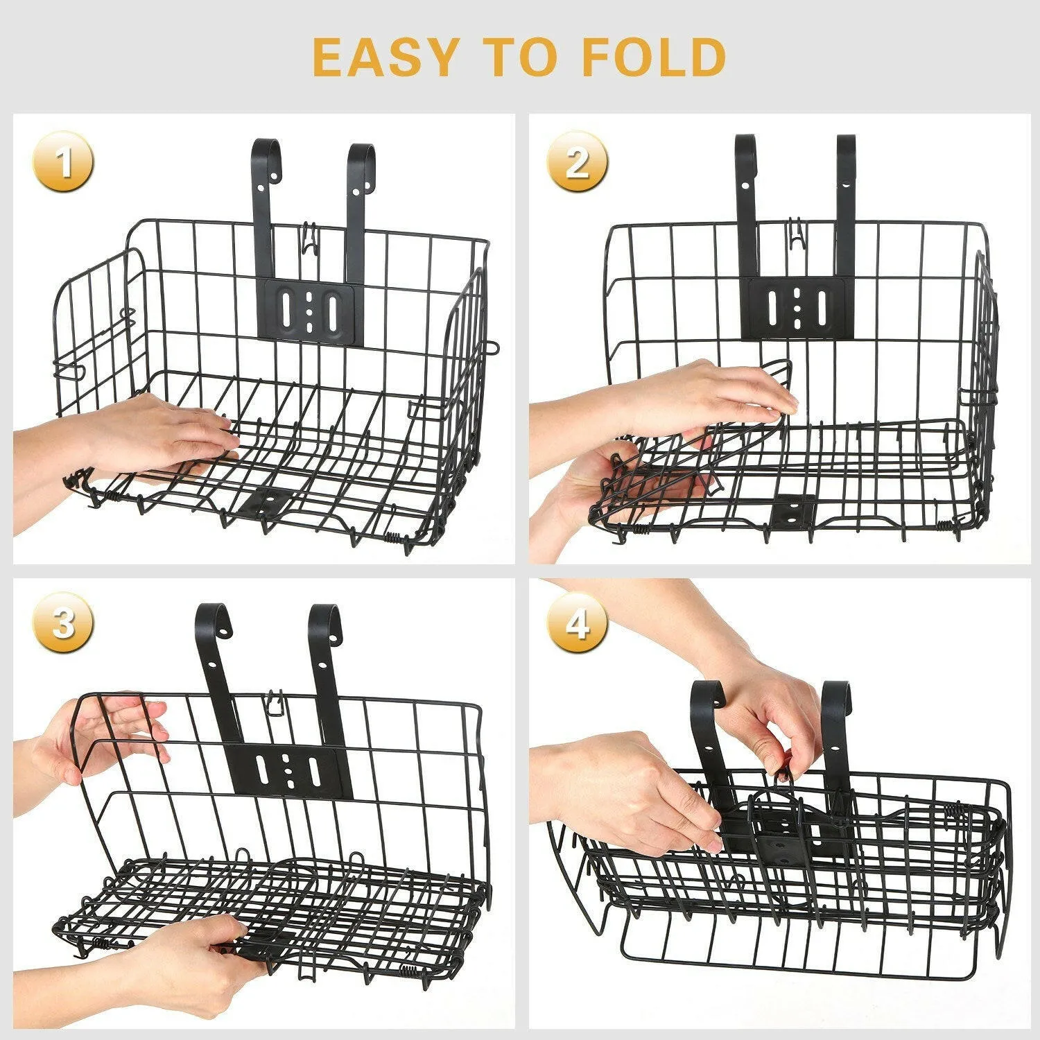 Folding Bike Basket Detchable Steel Wire Bike Handlebar Front Basket Bicycle Rear Rack Hanging Basket Cycling Cargo Carrier