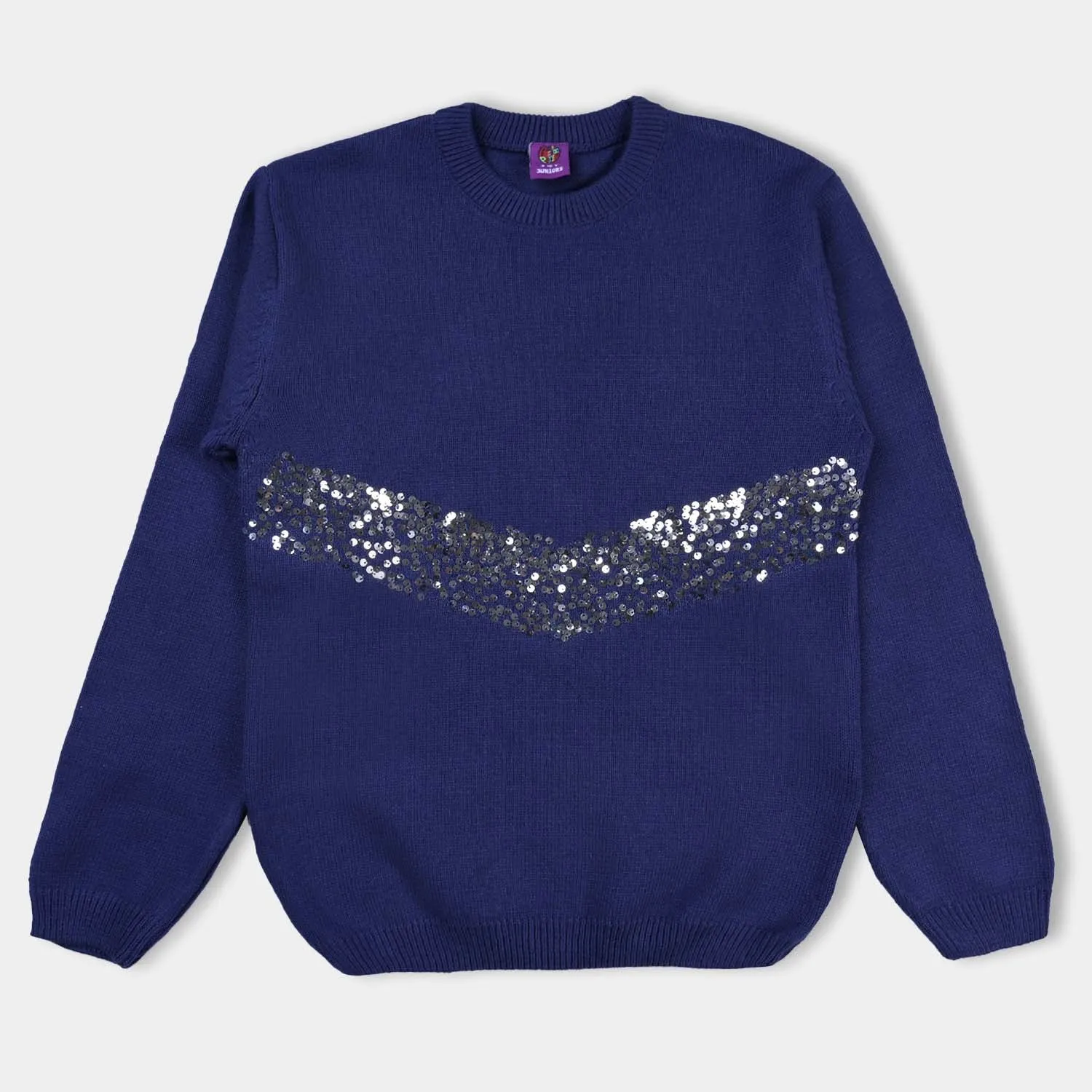 Girls Cotton Full Sleeves Sweater Sequence - Navy