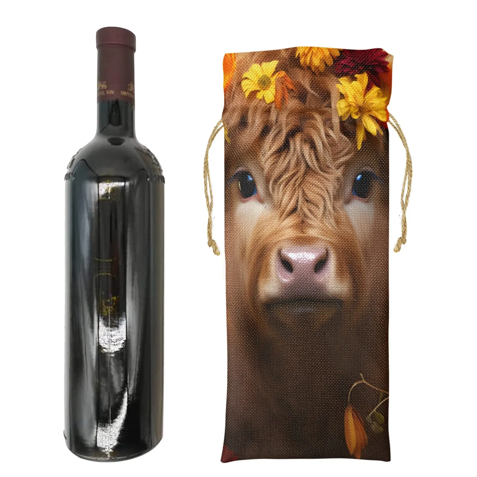 Highland Cow awd48 Linen Wine Bottle Bag