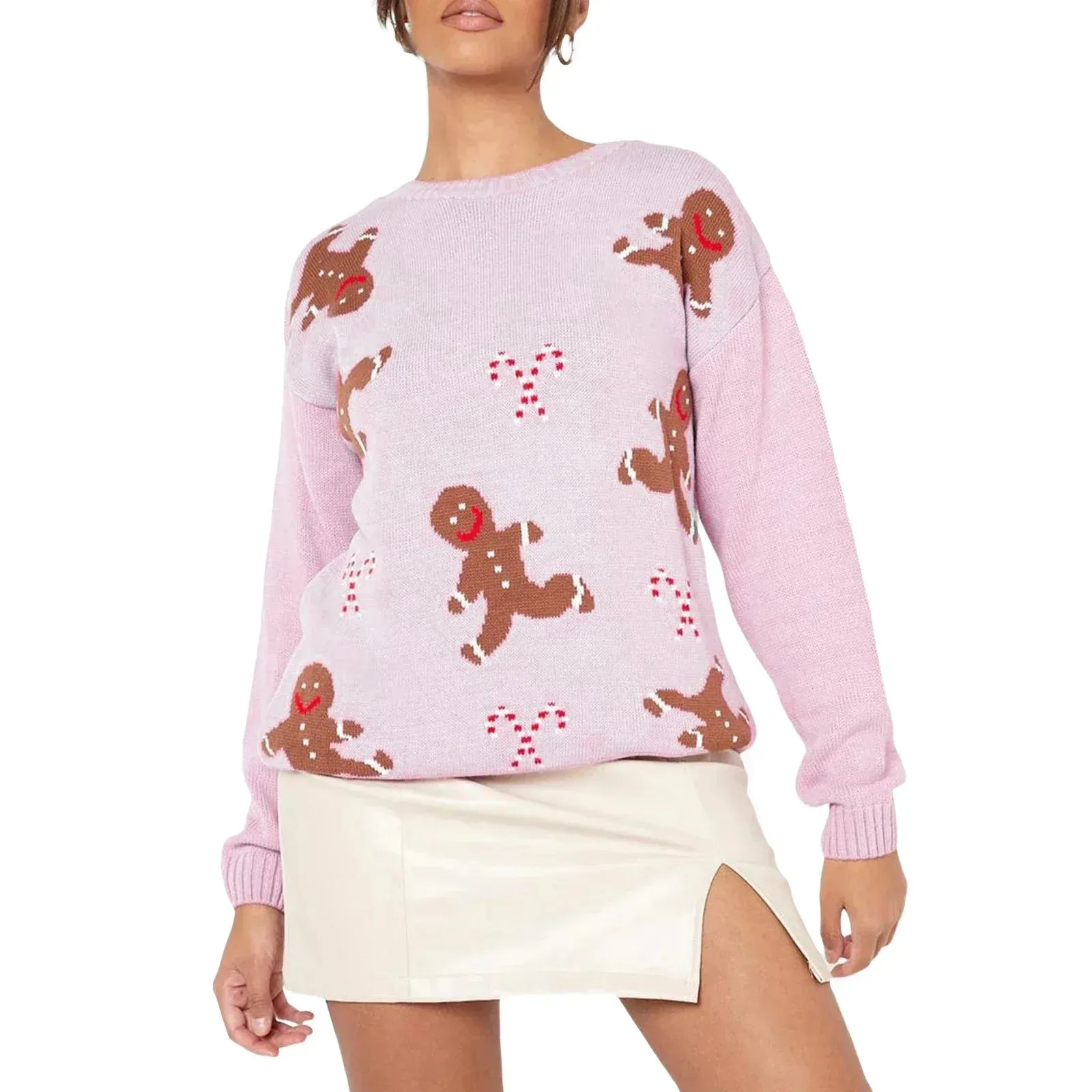 Ivyshape | Casual Print Sweater Gingerbread for Women