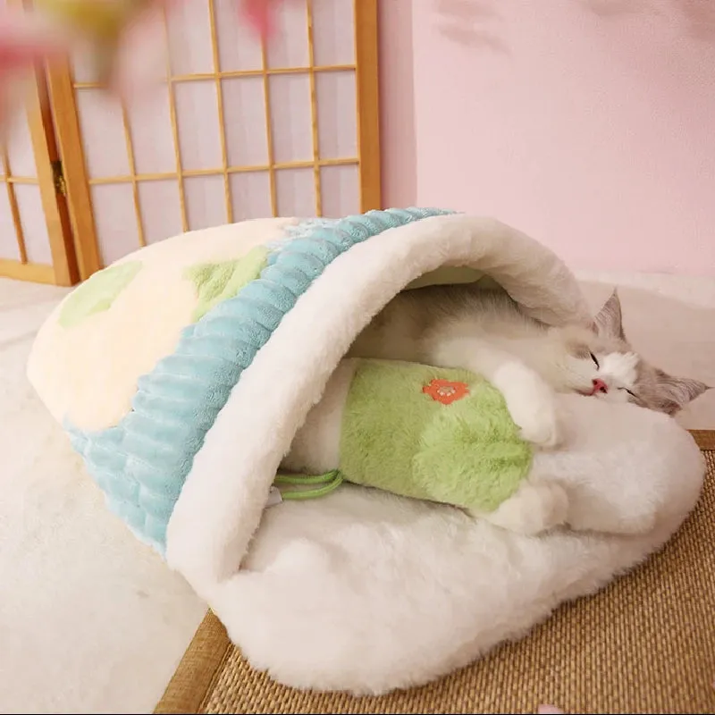 Japanese Sakura Warm Cat Bed - Cat Sleeping Bag - Deep Sleep Winter Dog House - Cat's Nest Cushion with Pillow - Removable Pet Products