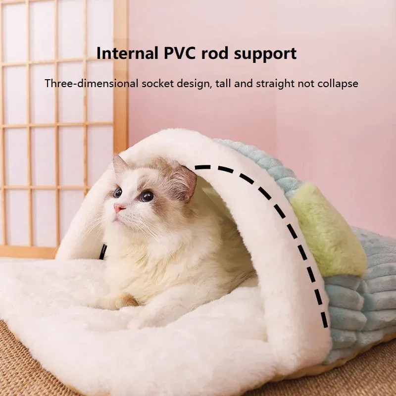 Japanese Sakura Warm Cat Bed - Cat Sleeping Bag - Deep Sleep Winter Dog House - Cat's Nest Cushion with Pillow - Removable Pet Products