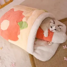 Japanese Sakura Warm Cat Bed - Cat Sleeping Bag - Deep Sleep Winter Dog House - Cat's Nest Cushion with Pillow - Removable Pet Products