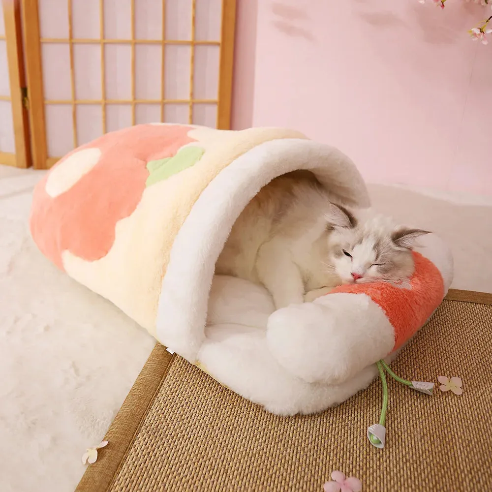 Japanese Sakura Warm Cat Bed - Cat Sleeping Bag - Deep Sleep Winter Dog House - Cat's Nest Cushion with Pillow - Removable Pet Products