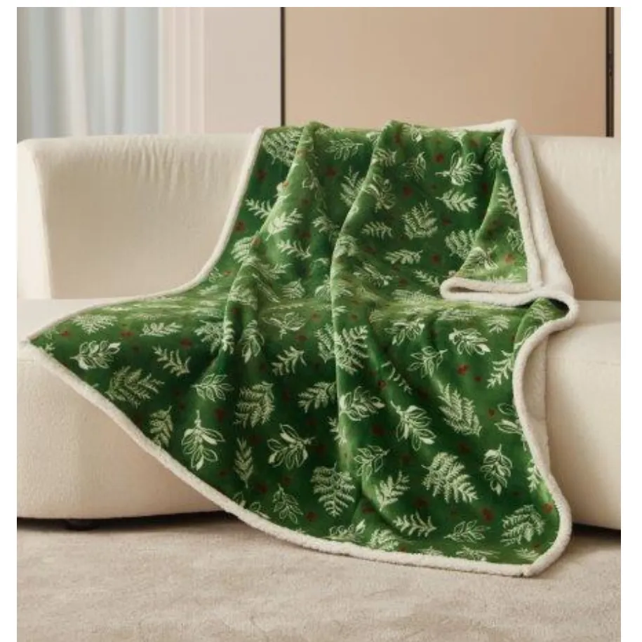 Leaves & Berries Green Holiday Sherpa Blanket Throw 50"x60"