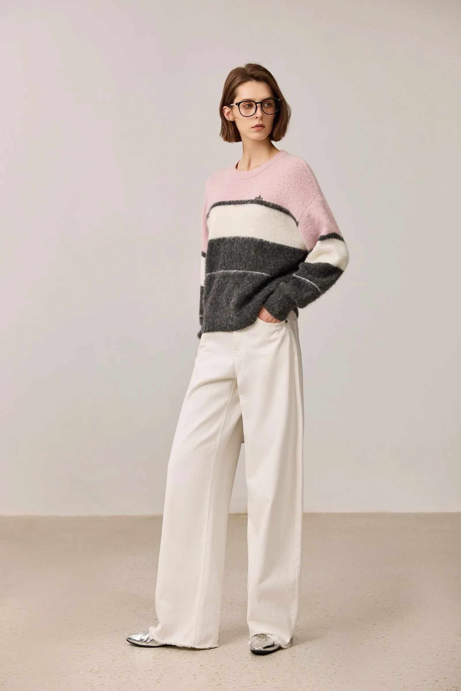 LILY Mohair Contrast Stripe Crewneck Sweater