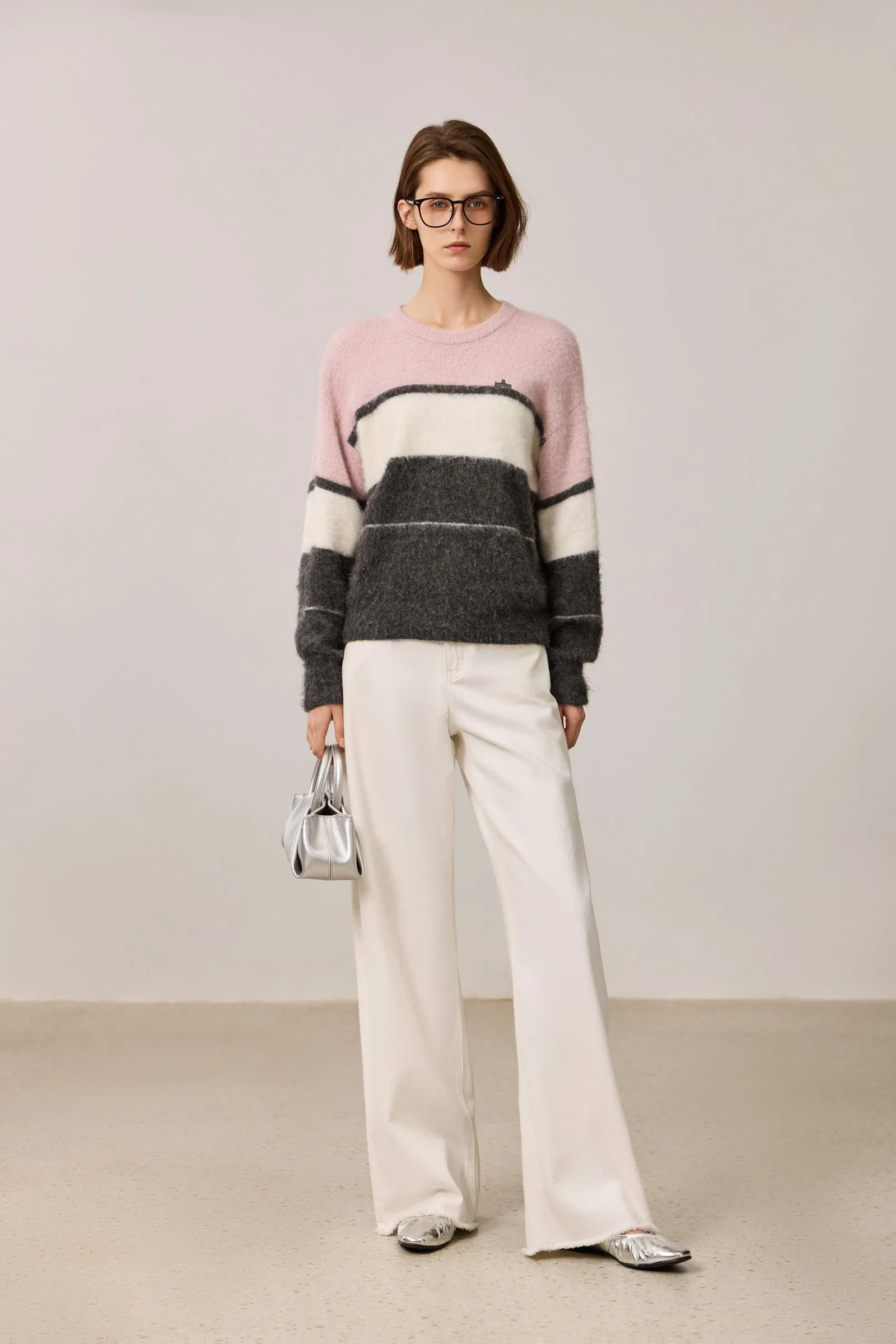 LILY Mohair Contrast Stripe Crewneck Sweater