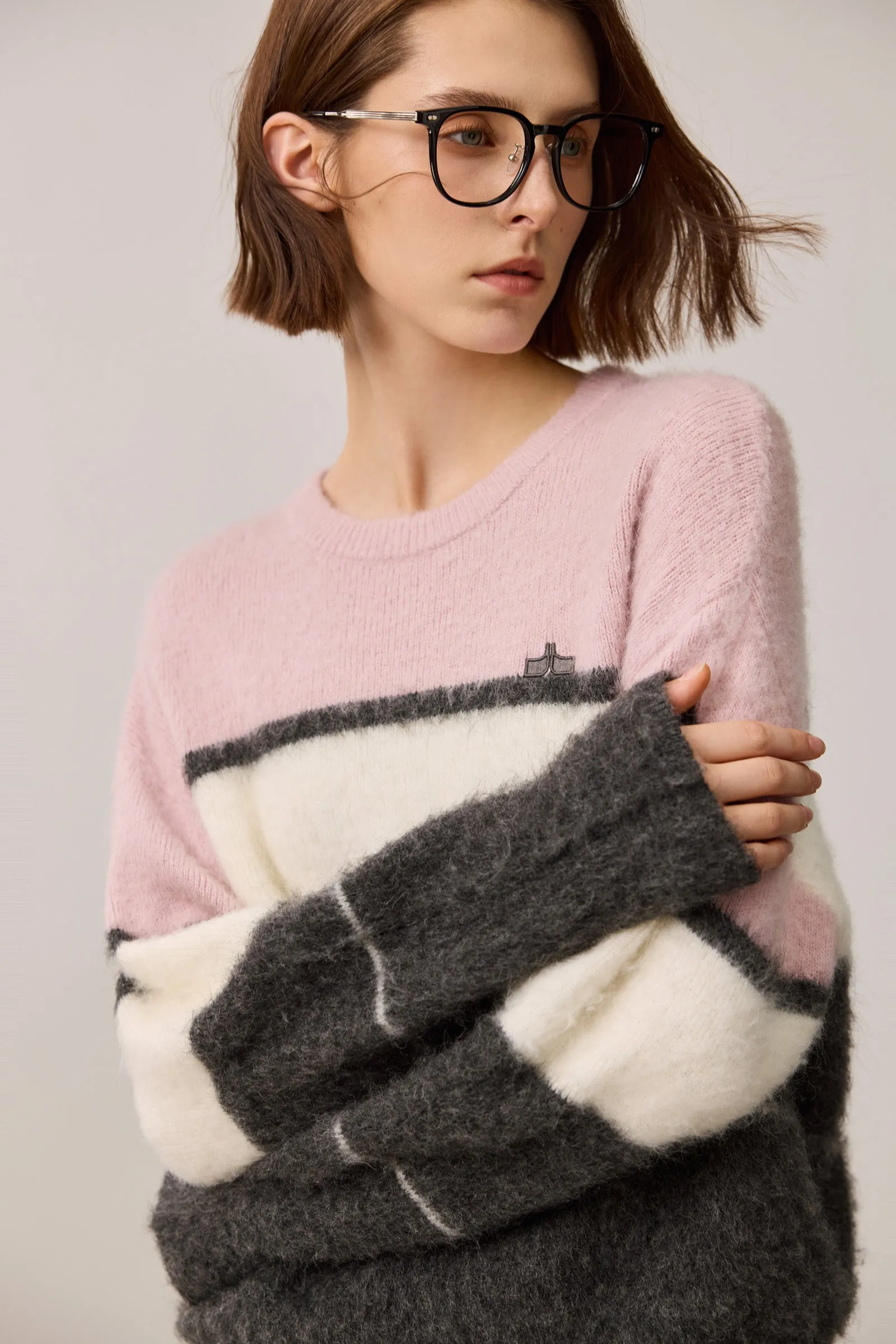 LILY Mohair Contrast Stripe Crewneck Sweater