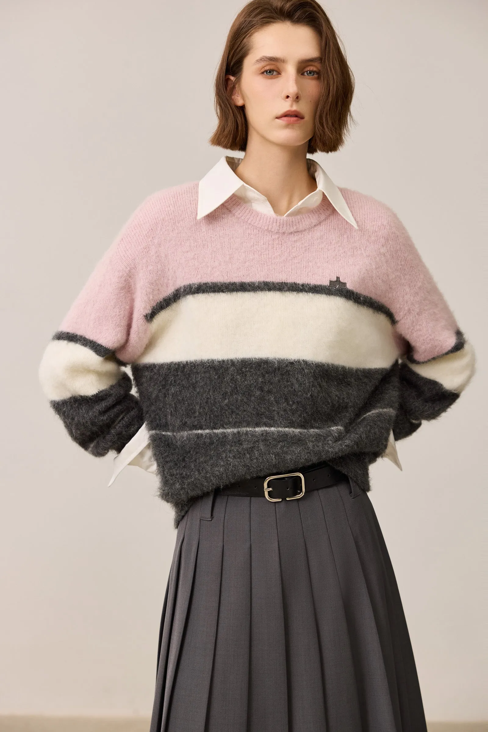 LILY Mohair Contrast Stripe Crewneck Sweater