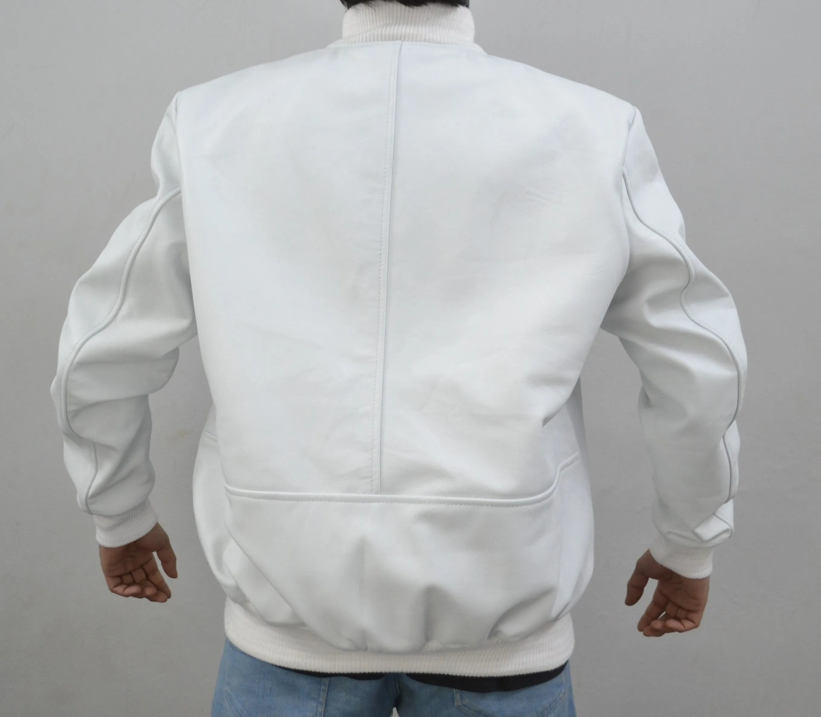 Men's Baseball Letterman Varsity Genuine Leather White Bomber Jacket