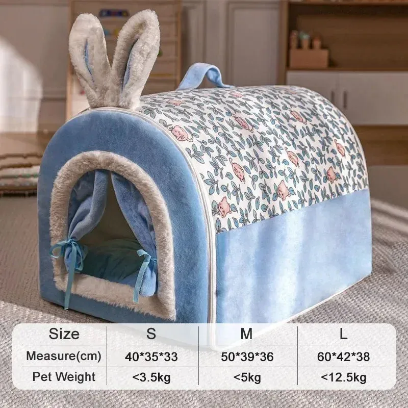 Pet Dog Bed Cozy Cat Mat With Bunny Ear  - Removable Washable Pet House, Warm Winter Deep Sleep Tent, Suitable for Small, Medium, Large Pets