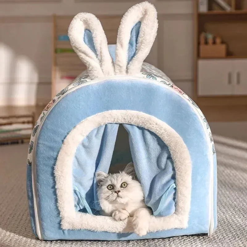 Pet Dog Bed Cozy Cat Mat With Bunny Ear  - Removable Washable Pet House, Warm Winter Deep Sleep Tent, Suitable for Small, Medium, Large Pets