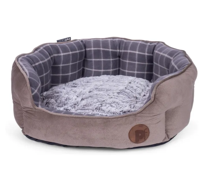 Petface - Oval Gray Check & Bamboo Soft Dog Bed