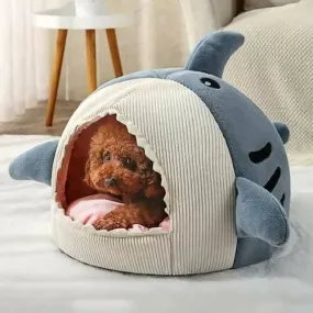 PetGains PGY Soft Plush Cushion Shark Shape Cave Bed (Blue – Medium)