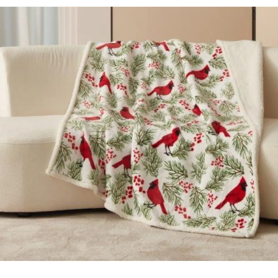 Red Cardinal Birds Holiday Sherpa Blanket Throw 50"x60"