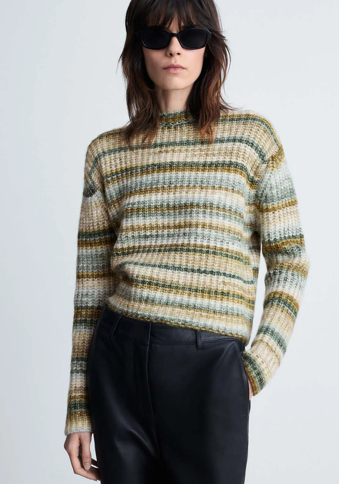 Round-neck striped sweater - Dark Green