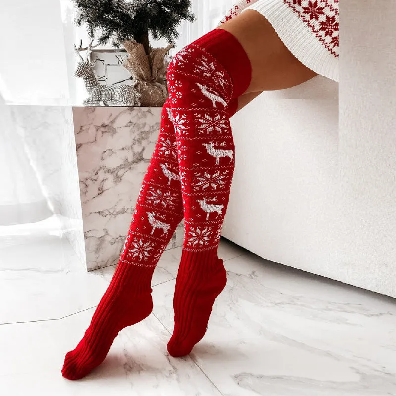 Winter Christmas Warm Knitted Women Stocking Beautiful Elk Snowflake Jacquard Over-the-knee Casual Long Socks